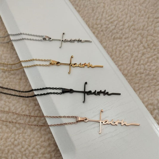 1 Pcs Amulet Cross Faith Necklace Letter Pendant Stainless Steel Trendy Minimalist Men and Women Fashion Jewelry Gift 4 Color